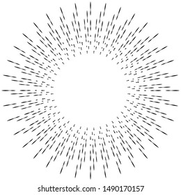 Radial ray, beam lines. Circular radiation stripes pattern. Gleam, sparkle effect. Glaze, flare design. Sunburst, starburst concentric lines as radiance, glitter illustration