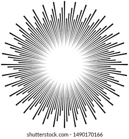 Radial ray, beam lines. Circular radiation stripes pattern. Gleam, sparkle effect. Glaze, flare design. Sunburst, starburst concentric lines as radiance, glitter illustration