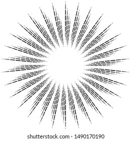 Radial ray, beam lines. Circular radiation stripes pattern. Gleam, sparkle effect. Glaze, flare design. Sunburst, starburst concentric lines as radiance, glitter illustration
