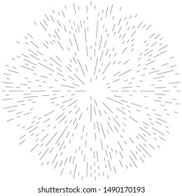 Radial ray, beam lines. Circular radiation stripes pattern. Gleam, sparkle effect. Glaze, flare design. Sunburst, starburst concentric lines as radiance, glitter illustration