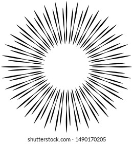 Radial ray, beam lines. Circular radiation stripes pattern. Gleam, sparkle effect. Glaze, flare design. Sunburst, starburst concentric lines as radiance, glitter illustration