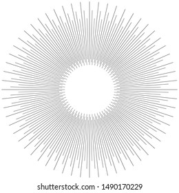 Radial, líneas de haz. Patrón de rayas de radiación circular. Gleam, efecto espumoso. Cristal, diseño flare. Líneas concéntricas de ráfaga de sol como radiancia, ilustración de brillo