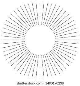 Radial ray, beam lines. Circular radiation stripes pattern. Gleam, sparkle effect. Glaze, flare design. Sunburst, starburst concentric lines as radiance, glitter illustration