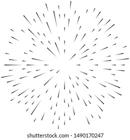 Radial ray, beam lines. Circular radiation stripes pattern. Gleam, sparkle effect. Glaze, flare design. Sunburst, starburst concentric lines as radiance, glitter illustration