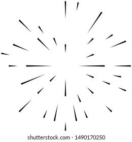 Radial ray, beam lines. Circular radiation stripes pattern. Gleam, sparkle effect. Glaze, flare design. Sunburst, starburst concentric lines as radiance, glitter illustration