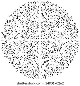 Radial ray, beam lines. Circular radiation stripes pattern. Gleam, sparkle effect. Glaze, flare design. Sunburst, starburst concentric lines as radiance, glitter illustration