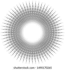 Radial ray, beam lines. Circular radiation stripes pattern. Gleam, sparkle effect. Glaze, flare design. Sunburst, starburst concentric lines as radiance, glitter illustration