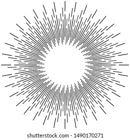 Radial ray, beam lines. Circular radiation stripes pattern. Gleam, sparkle effect. Glaze, flare design. Sunburst, starburst concentric lines as radiance, glitter illustration