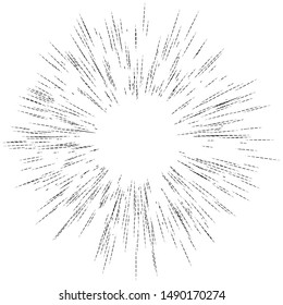 Radial ray, beam lines. Circular radiation stripes pattern. Gleam, sparkle effect. Glaze, flare design. Sunburst, starburst concentric lines as radiance, glitter illustration