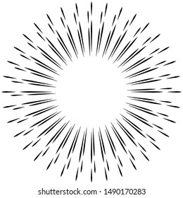 Radial ray, beam lines. Circular radiation stripes pattern. Gleam, sparkle effect. Glaze, flare design. Sunburst, starburst concentric lines as radiance, glitter illustration