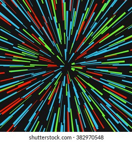 Radial red blue green concentric particles on black background Sun ray or star burst element Zoom effect Square fight stamp for card Space light trail Superhero frame Explosion vector illustration 
