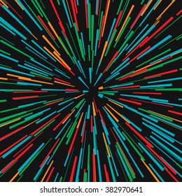 Radial red blue green concentric particles on black background Sun ray or star burst element Zoom effect Square fight stamp for card Space light trail Superhero frame Explosion vector illustration 