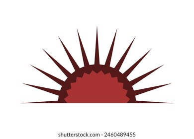 Radial red burst arrows semicircle icon. A semicircular arrangement of arrow shapes. Isolated on a white background.