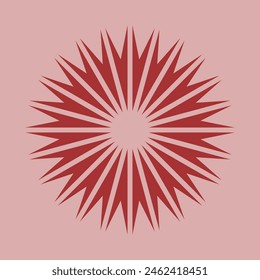 Radial red bursting triangle arrows circle. A circular arrangement of arrowhead shapes. Isolated on a pale background.