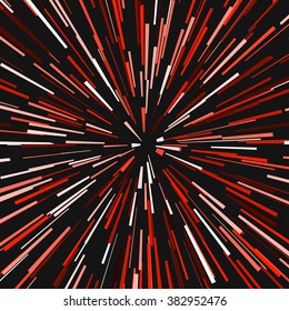 Radial red concentric particles black background Sun ray star burst element Zoom effect Square fight stamp for card Space light trail Superhero frame Explosion vector illustration 
