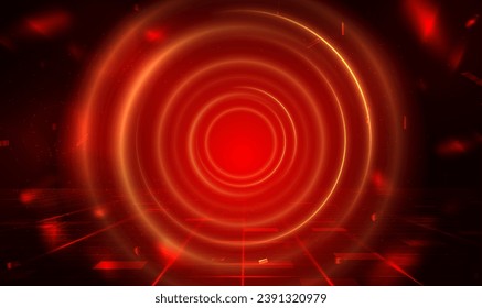 Radial red light through the futuristic tunnel glowing in the darkness. Teleport tunnel with confetti.Futuristic glowing red neon rings. Portal and hologram science futuristic technology. Vector EPS10