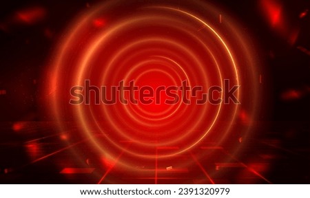 Radial red light through the futuristic tunnel glowing in the darkness. Teleport tunnel with confetti.Futuristic glowing red neon rings. Portal and hologram science futuristic technology. Vector EPS10