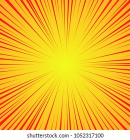 Radial red lines on a yellow background. Comic book speed, explosion. Abstract. Vector illustration for graphic design.
