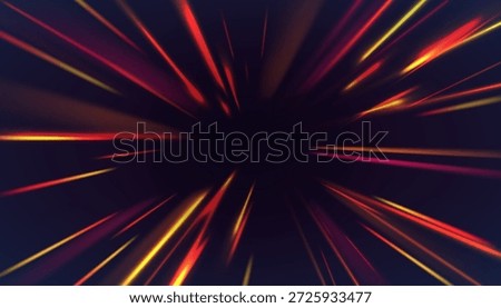 Radial red and orange starburst with glowing circular stripes and zoom motion. Futuristic light explosion vector for tech design, digital interface, sci-fi wallpaper and abstract speed background