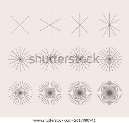 Radial round thin rays sunburst symbol. Abstract geometric logo shapes, stars. Starburst vector stripes.