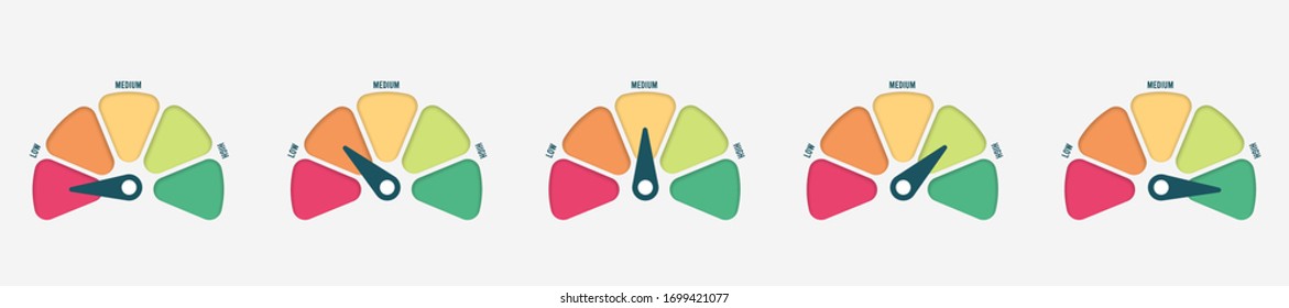 Radial scale from red to green with arrow hand pointer. Vector illustration.