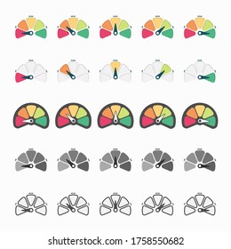 Radial scale from red to green with arrow hand pointer. Vector illustration.