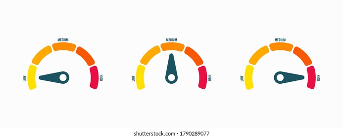 Radial scale from yellow to red with arrow hand pointer. Vector illustration.