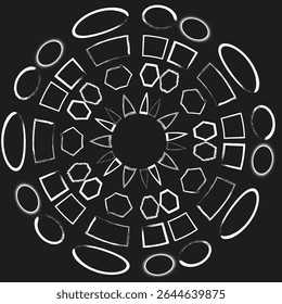 Radial shape cluster. Abstract curved pieces. Vector dark circle form. Symmetry geometric pattern.