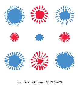 Radial Shapes Set  - cute red and blue circle labels, frames, stickers, backgrounds. Funny childish vector bulb, drops and blotches silhouettes. 9 original vector elements for your purpose.