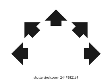 Radial short arrows, semicircle silhouette icon. A semicircular arrangement of small black arrow symbols. Isolated on a white background.