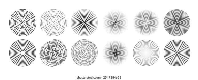 Señal radial, onda de sonar, colección de iconos geométricos. Conjunto de Vector de círculos de línea.