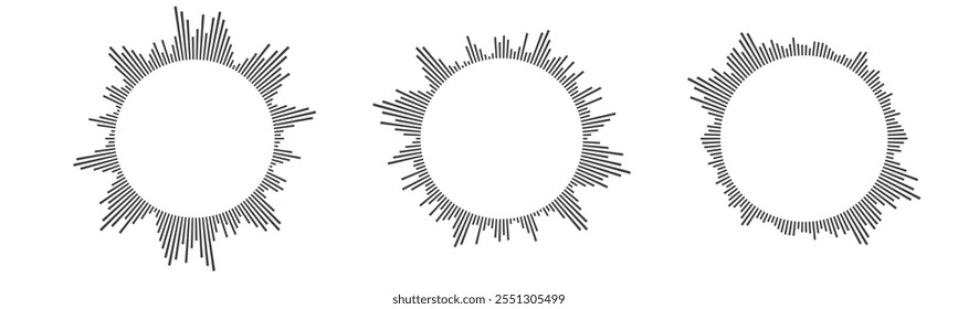 Onda de som radial concêntrica linha de ritmo de áudio conjunto dinâmico. Sinal radial ou elementos de vibração. Representando música de áudio