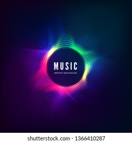 Radial sound wave curve with light particles. Colorful equalizer visualisation. Abstract colorful cover for music poster and banner. Vector illustration 