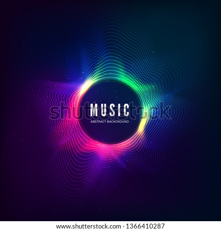 Radial sound wave curve with light particles. Colorful equalizer visualisation. Abstract colorful cover for music poster and banner. Vector illustration 