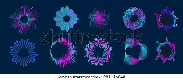 Radial sound wave curve with light\
particles. Circle audio waves. Neon round music soundwave for\
equalizer. Multicolor audio lines cliparts collection. Soundwaves,\
radio frequency. Vector\
illustration