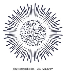 Onda sonora radial com notas musicais, ilustração vetorial.