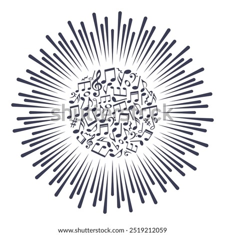 Radial sound wave with music notes, vector illustration.