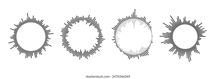 Radial sound wave pattern collection. Circular audio, music or voice icon set. Round wavy equalizer spectrum symbol pack. Black circle sunburst bundle. Vector soundwave elements