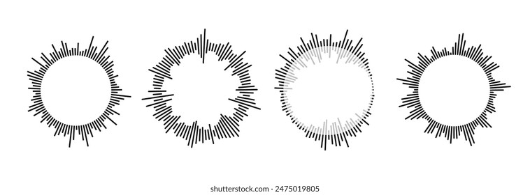 Radial sound wave pattern set. Circular audio, music or voice icon collection. Round wavy equalizer spectrum symbol pack. Black circle sunburst bundle. Vector soundwave element illustration