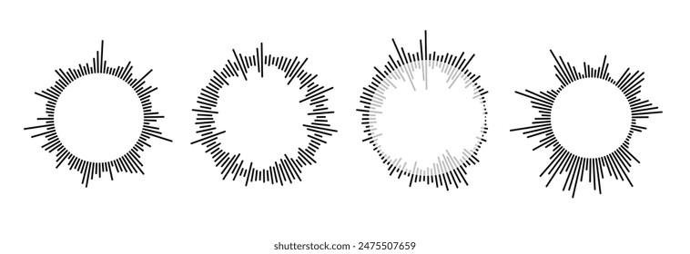 Radial sound wave pattern set. Circular audio, music or voice icon collection. Round wavy equalizer spectrum symbol pack. Black circle sunburst bundle. Vector soundwave elements