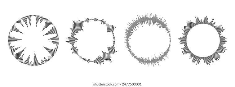 Conjunto de patrones de ondas sonoras radiales. Colección circular de audio, música o iconos de voz. Paquete de símbolos de espectro de ecualizador ondulado redondo. Círculo de Paquete reventado. Vector Elementos de ondas de sonido negras