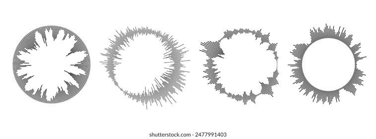Conjunto de patrones de ondas sonoras radiales. Colección circular de audio, música o iconos de voz. Paquete de símbolos de espectro de ecualizador ondulado redondo. Círculo de Paquete reventado. Elementos de centro de ondas sonoras de Vector negro