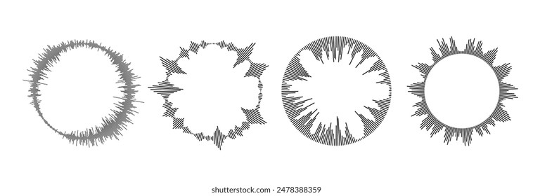 Radial sound wave pattern set. Circular audio, music or voice icon collection. Round equalizer spectrum symbol pack. Circle sun burst bundle. Vector black wavy soundwave center elements