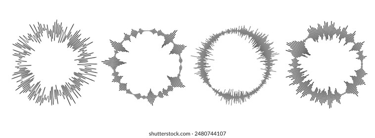 Radial sound wave ray pattern set. Circle sun burst beams collection. Circular audio, music or voice icon bundle. Round equalizer spectrum symbol pack. Vector black wavy soundwave center elements