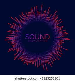 Radial sound wave visualization bar. Dotted music player equalizer. Circle audio signal or vibration element. Voice recognition. Neon colors epicenter, target, radar, radio icon. Vector concept