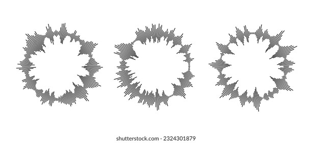 Radial sound waves collection. Round music equalizer bar set. Black audio chart pack. Abstract circle radio and voice signal symbol or icon for podcast, app, player. Vector element bundle.