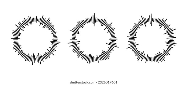 Radial sound waves collection. Round music equalizer bar set. Black linear audio chart pack. Abstract circle radio and voice signal symbol or icon for podcast, app, player. Vector element bundle.