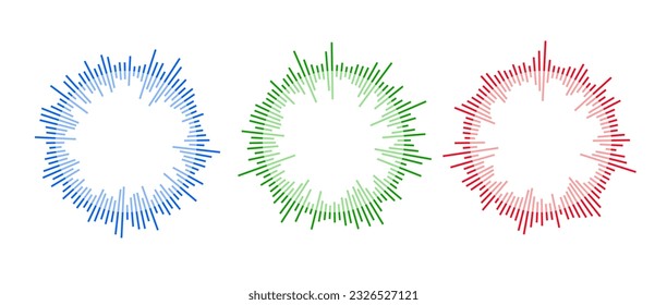 Radial sound waves collection. Round music equalizer bar set. Blue, red and green audio chart pack. Abstract circle radio and voice signal symbol for podcast, app, player. Vector element bundle