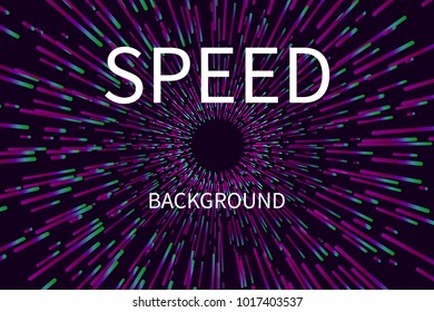 Radial space explosion. Abstract card, background, poster with fast moving particles. Tunnel with rays and high speed. Vector illustration