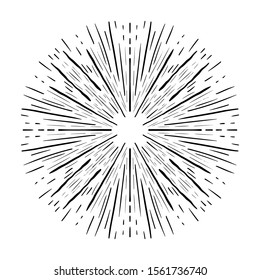 Radial spark rays on white backdrop. Line study cosmic concept. Black hand drawn holidays decor isolated on white. Banner in retro doodle cartoon engraved style. Space for text. Abstract background.